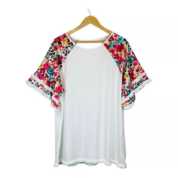 Boutique Fringe Short Sleeve Shirt Blouse Top 4XL Plus Boho Floral Cheetah Print - Picture 3 of 8
